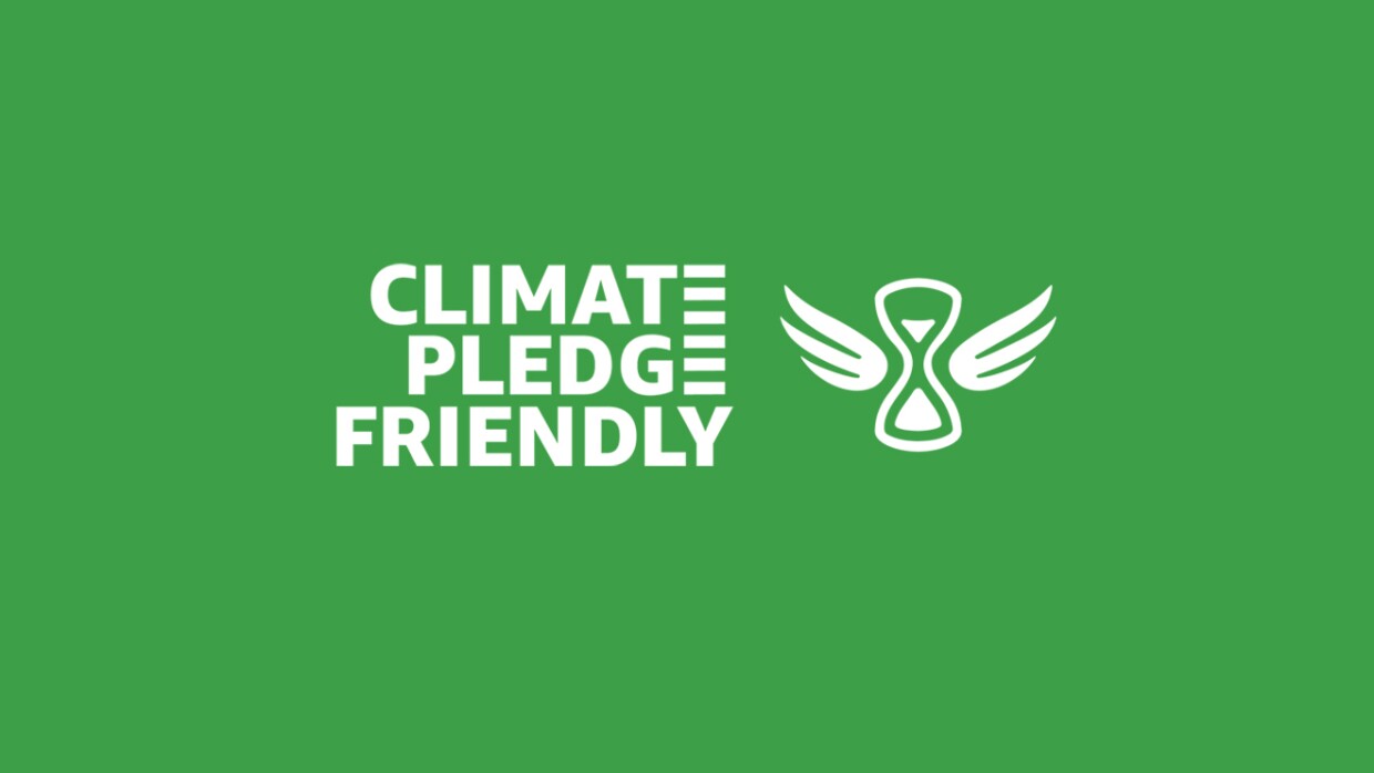 A green graphic that says "Climate Pledge Friendly"