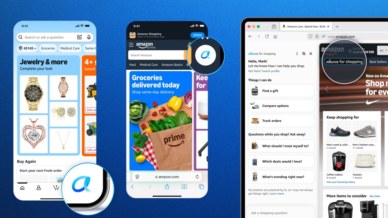 Amazon's Alexa for Shopping interface displayed across mobile and desktop devices