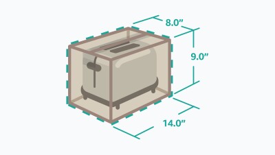 插图的烤面包机在新的,调整大小包装。长14.0英寸,宽8.0英寸,高9.0英寸。