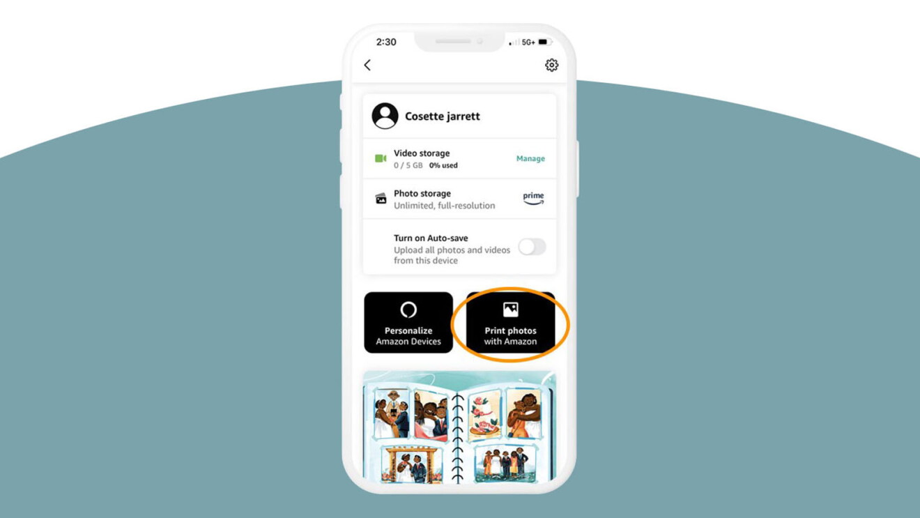 Amazon Photos app account screen showing storage status and Print photos with Amazon button highlighted