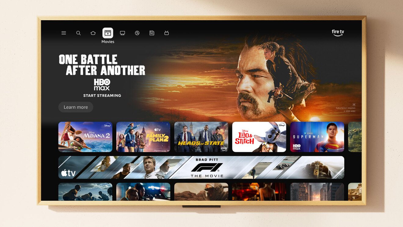 Fire TV interface displaying movie thumbnails and 'One Battle After Another' HBO Max banner