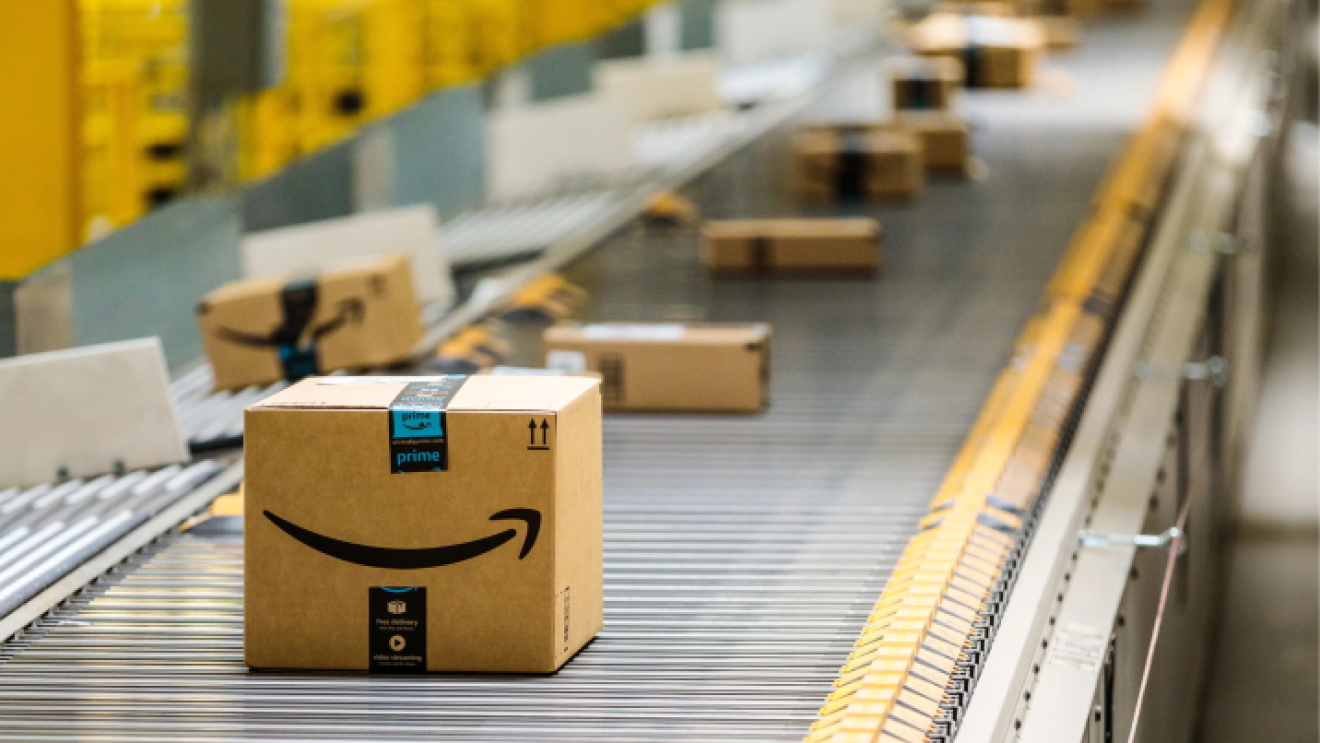 Amazon packages on a conveyor belt