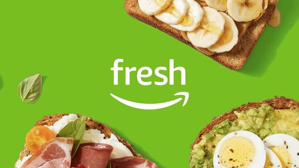 Amazon Fresh logo on a green background with food