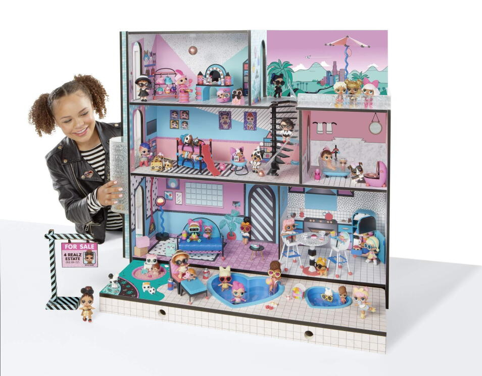 Wooden, multi-story house (three feet tall & three feet wide) with interactive features including working elevator, lights and sounds across the three floors; real pool, spa and sandbox, includes L.O.L Surprise! exclusive Family (Doll, Lil Sister, Pet).
