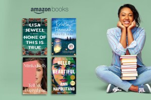 An image of text that reads Amazon Books, four book covers, and a woman seated with a stack of books.