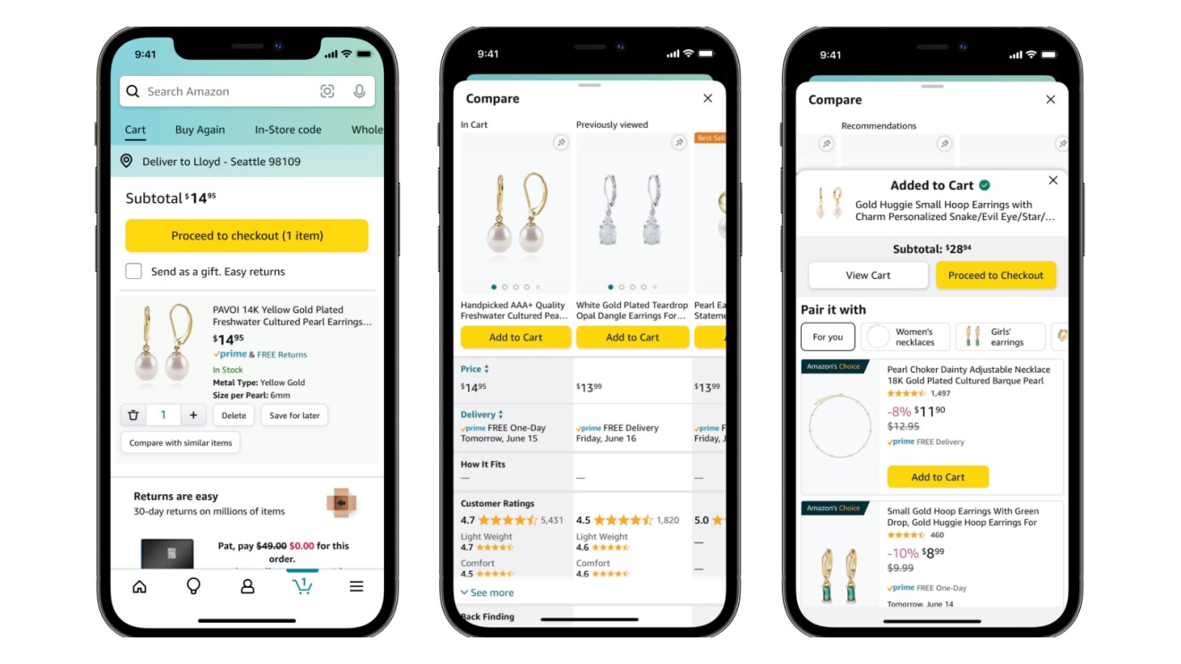 相邻三个不同的亚马逊应用程序屏幕显示如何比较类似的物品,然后最好的添加到购物车