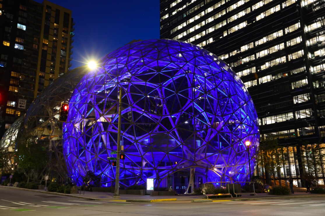 One of the Amazon Spheres is light in blue to support front line workers.