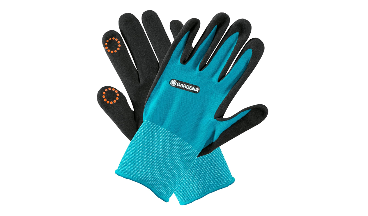 Gardena brand teal and black gardening gloves

