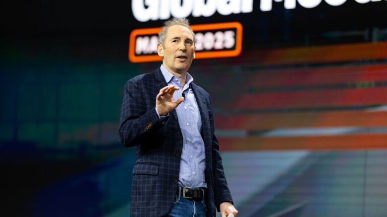 Andy Jassy giving speech with at Amazon all employee meeting