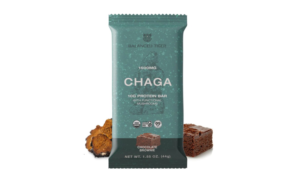 A product image of a mushroom-powered protein bar from Balanced Tiger.
