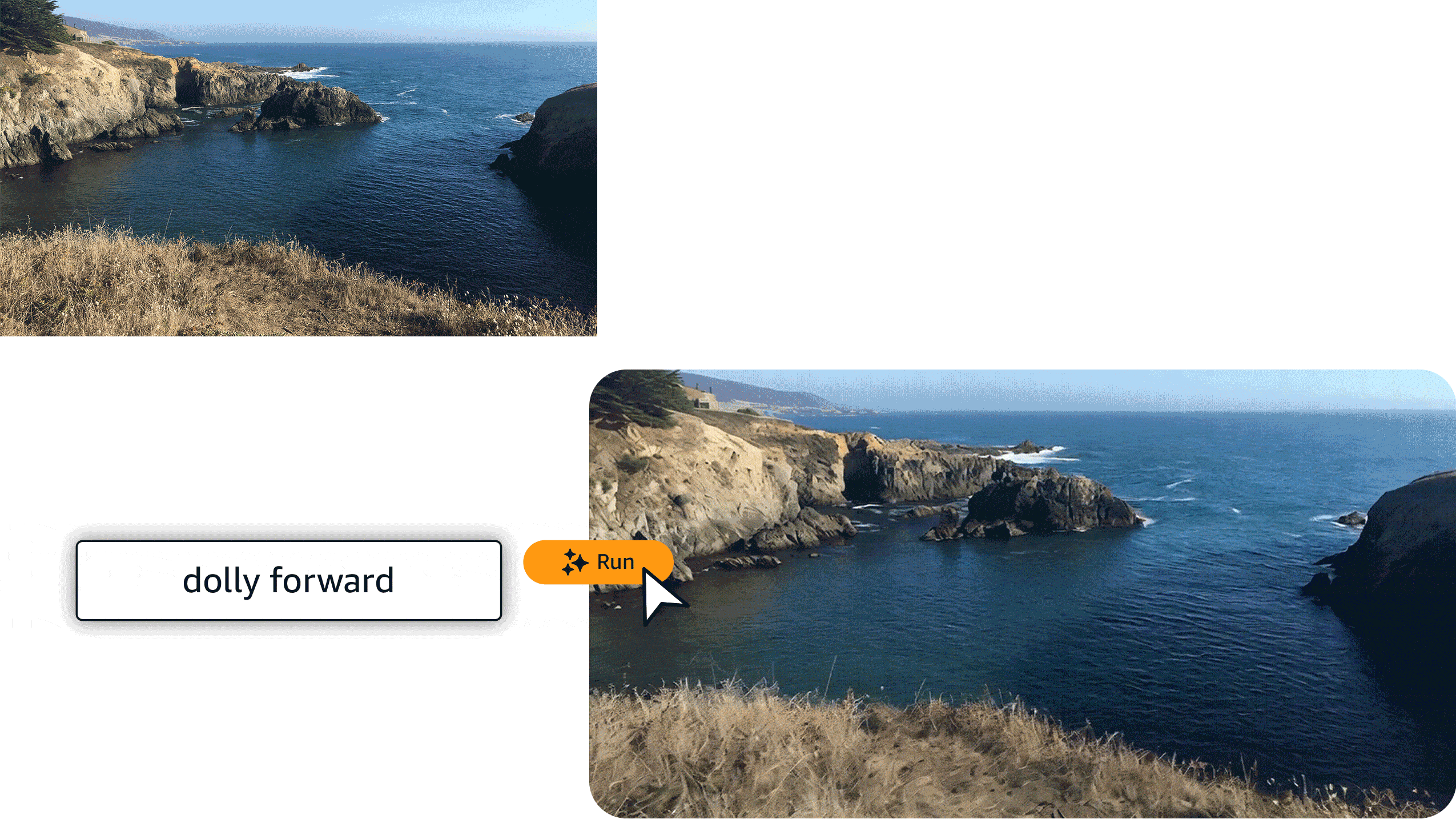 A still photo of a shoreline transforming to a motion graphic, using the prompt "dolly forward".