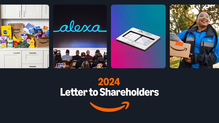 Amazon's 2024 Letter to Shareholders with groceries, Alexa+, AI chips, and delivery employee visuals