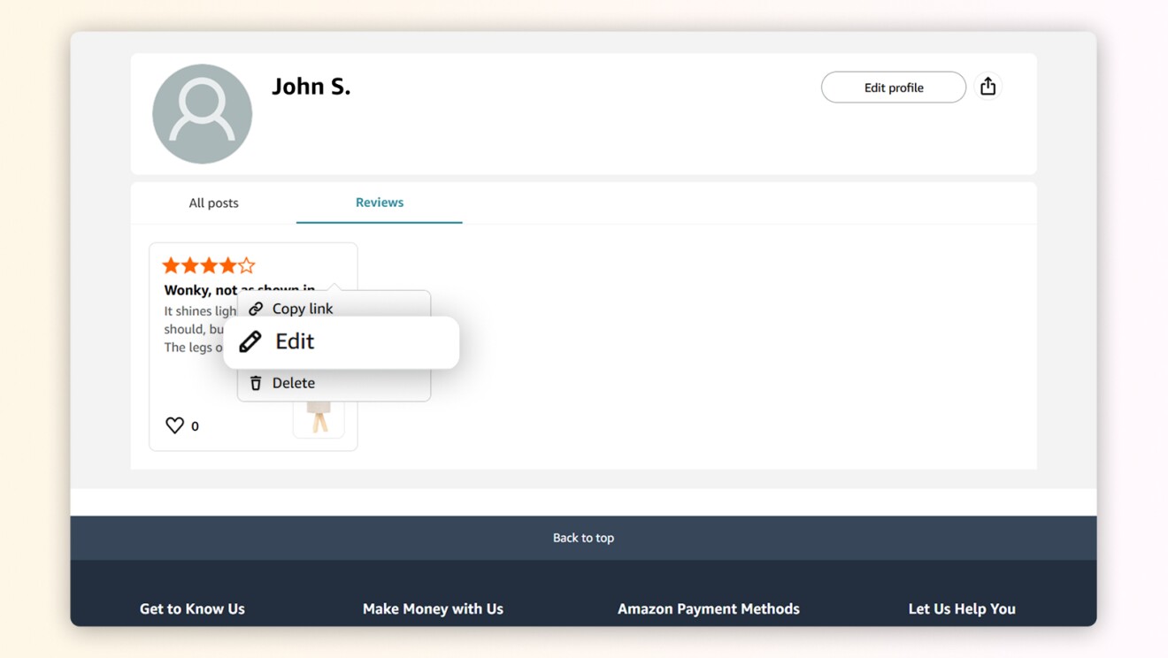 Online review interface showing user options and rating
