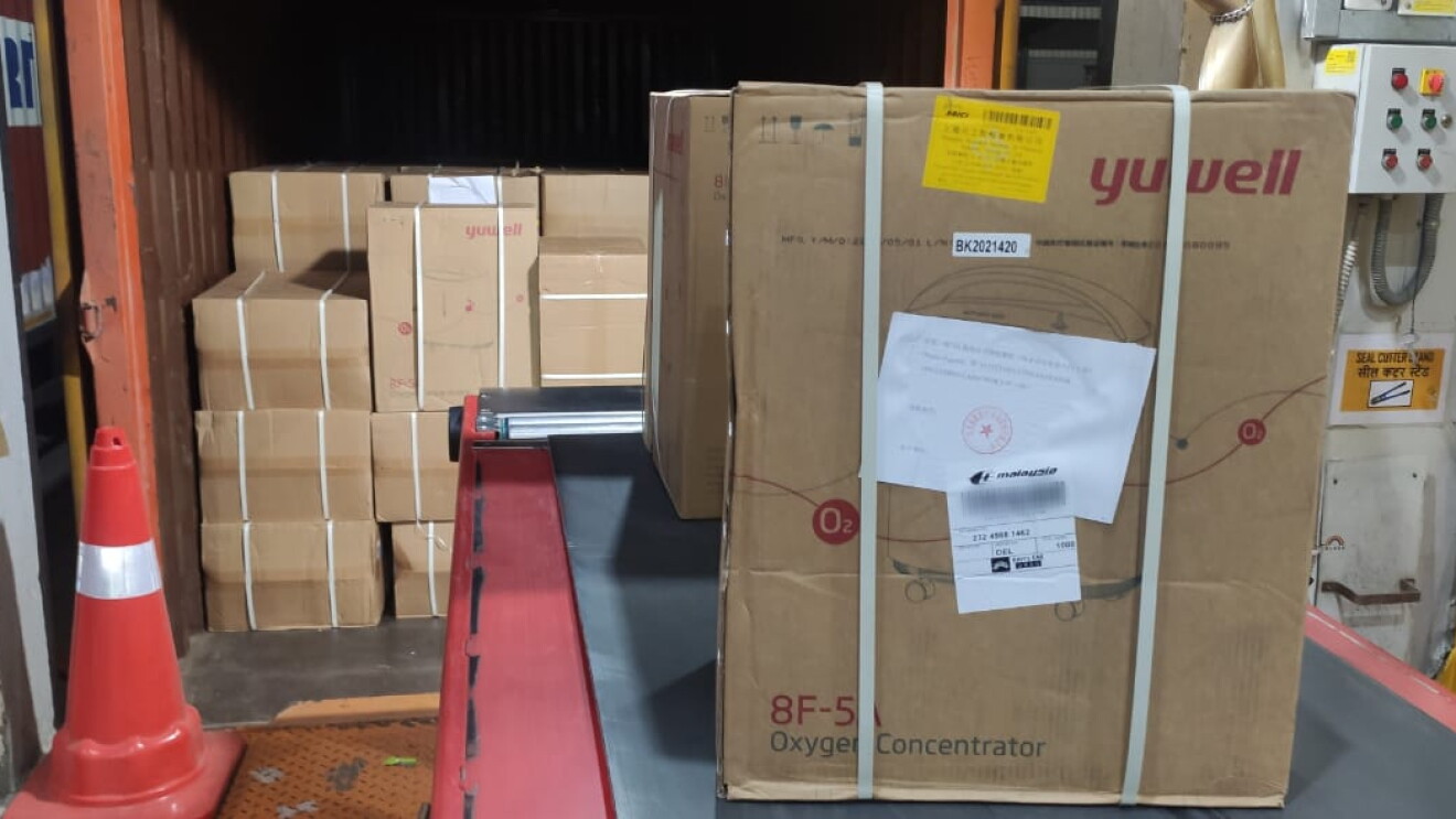 Boxes of oxygen concentrators arriving in India.