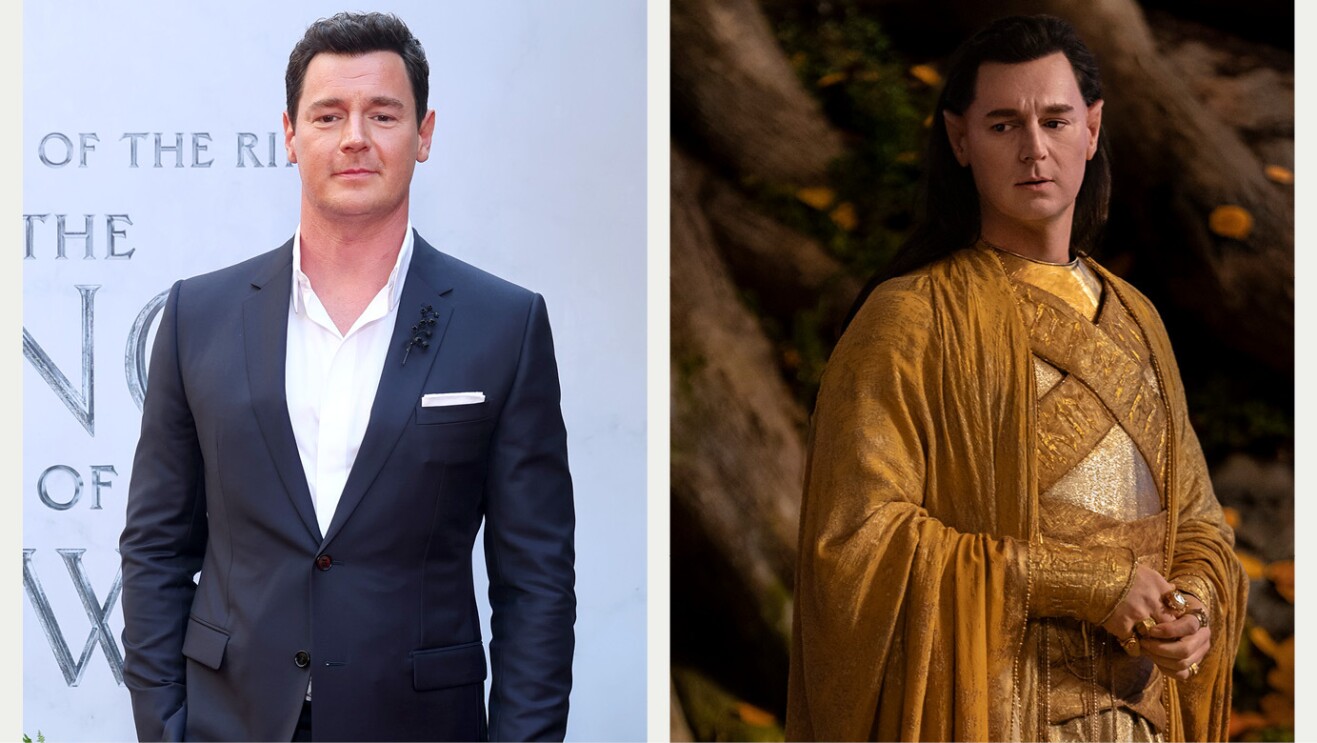 A split image showing the actor listed above on the red carpet for the Lord of the Rings: The Rings of Power premiere vs in full makeup and costume as their character in the show.