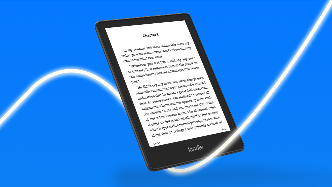 Kindle e-reader displaying Chapter 1 text on vibrant blue background