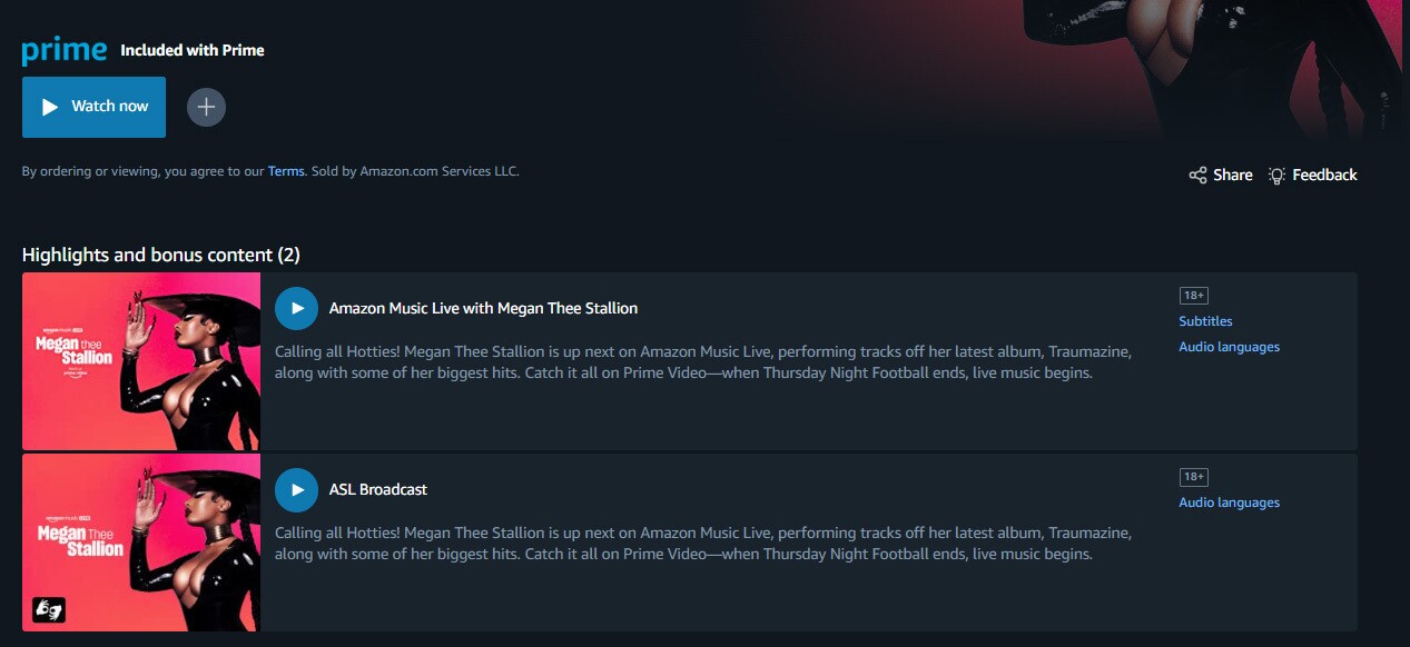 A screenshot showing the Prime Video detail page for the Amazon Music Live stream of Megan Thee Stallion's show. There are two options to watch, and one is labeled "ASL Broadcast."