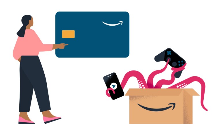 An illustration of a person pointing to an Amazon Credit Card and an Amazon box with items.
