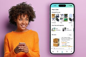 woman in orange sweater holding her phone against a purple backdrop. she looks to her right to see a screenshot of the lists feature on the amazon mobile app.