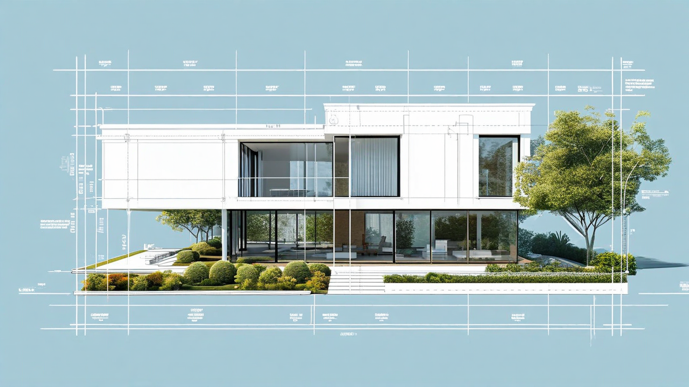 Architektonische Zeichnung eines modernen Hauses mit Garten auf blauem Hintergrund.