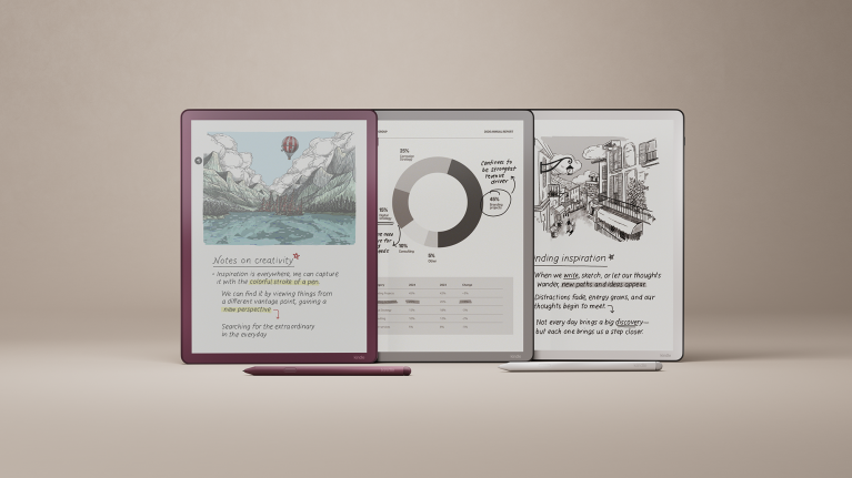 Tablet displays showing creativity notes, statistics chart, and urban sketch