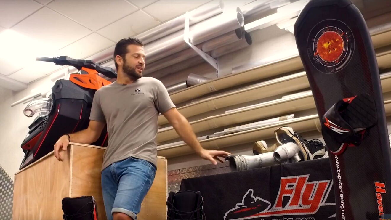 Franky Zapata, the French entrepreneur who founded Flyboard, introducing his brand in his atelier 