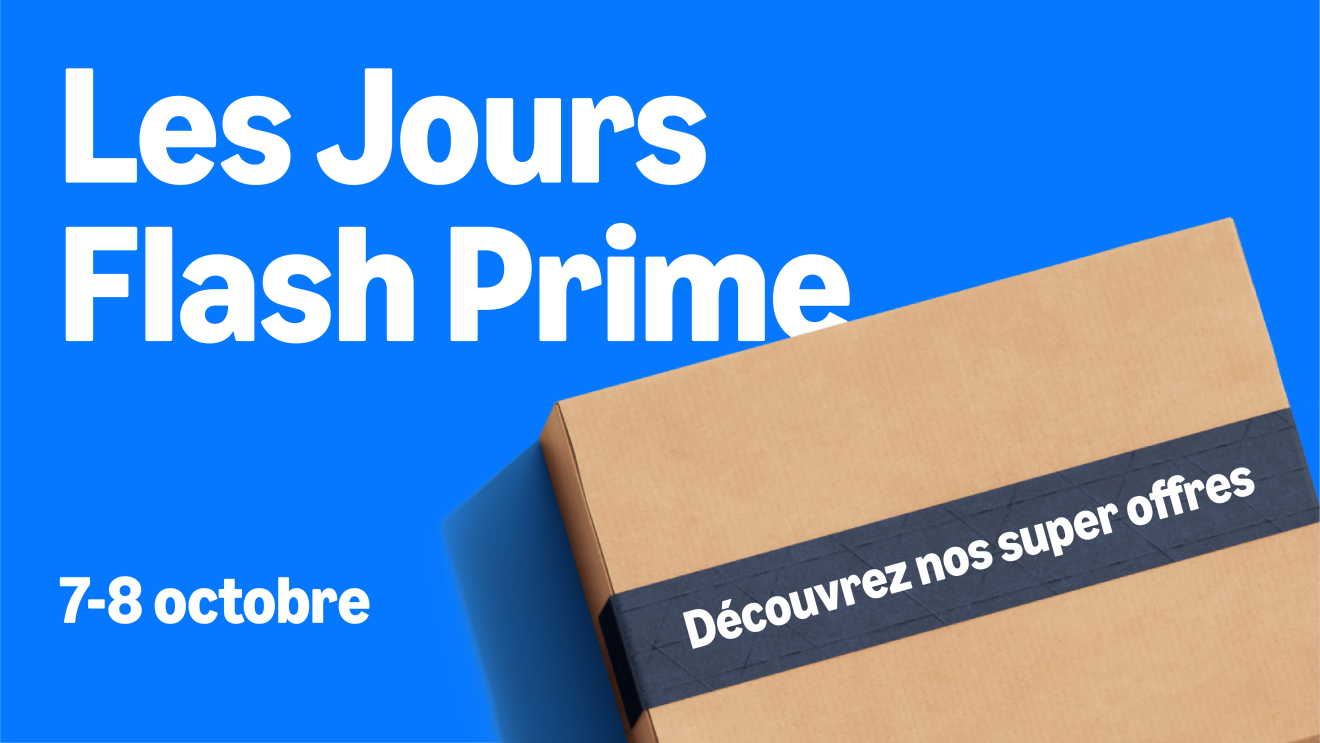 Box en carton avec les dates de jours flash prime d'Amazon 2025
