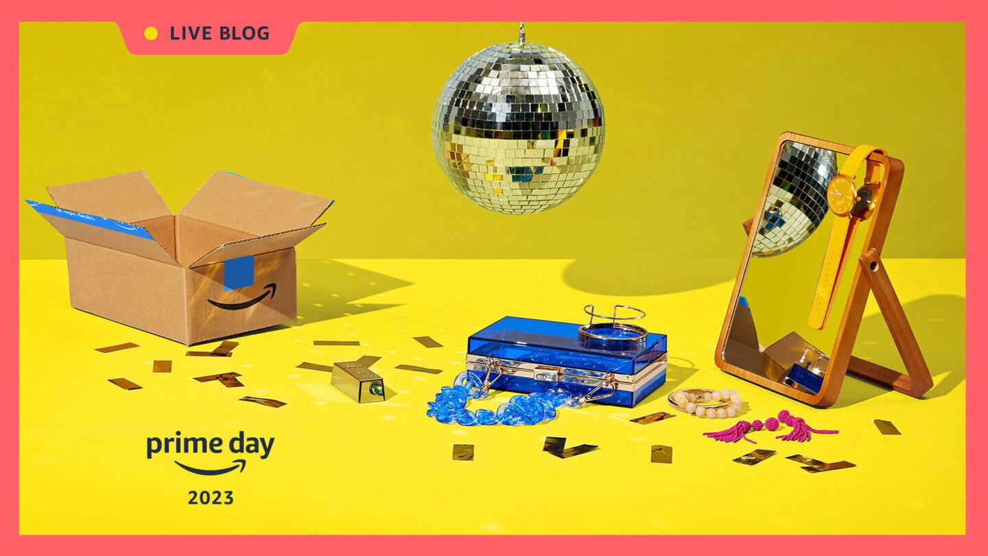 '一天2023直播博客亚马逊盒和五彩纸屑PD23_LiveBlog_Day2_HERO_2000x1125.jpg黄色背景