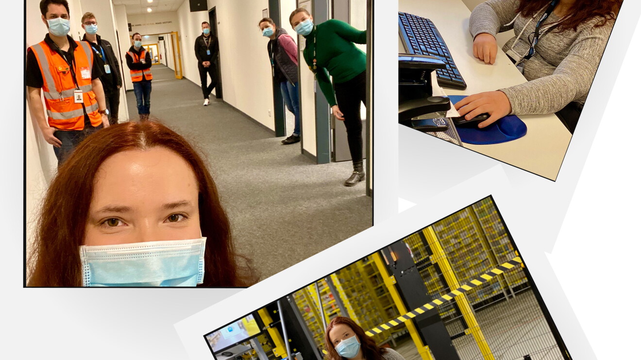 Collage mit § Bilder von Lea: im Logistikzentrum, am Bildschirmarbeitsplatz und auf dem Flur mit Kollegen
