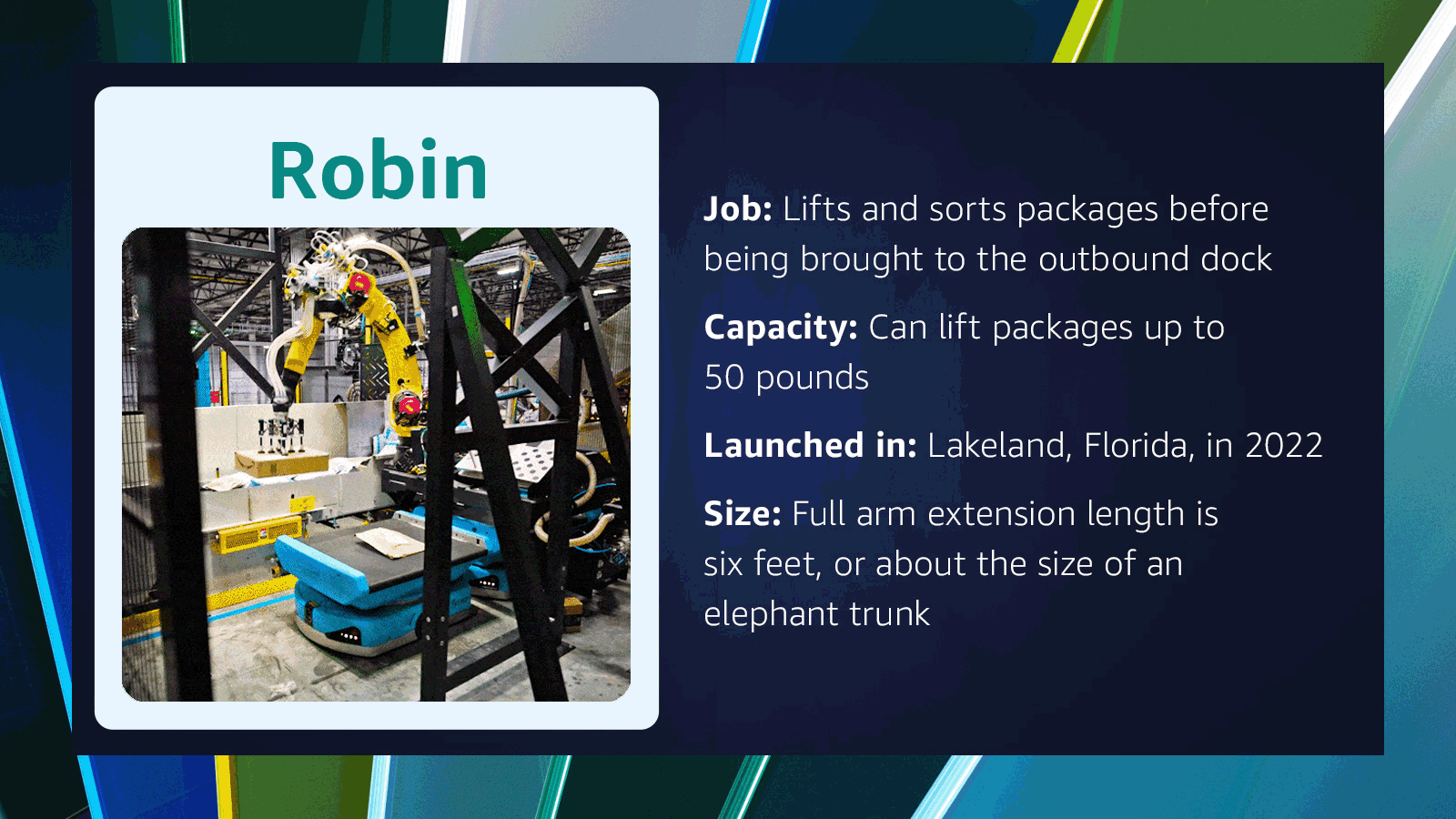 Infographics of Amazon robots and statistics about the robot's job function, origin and size.