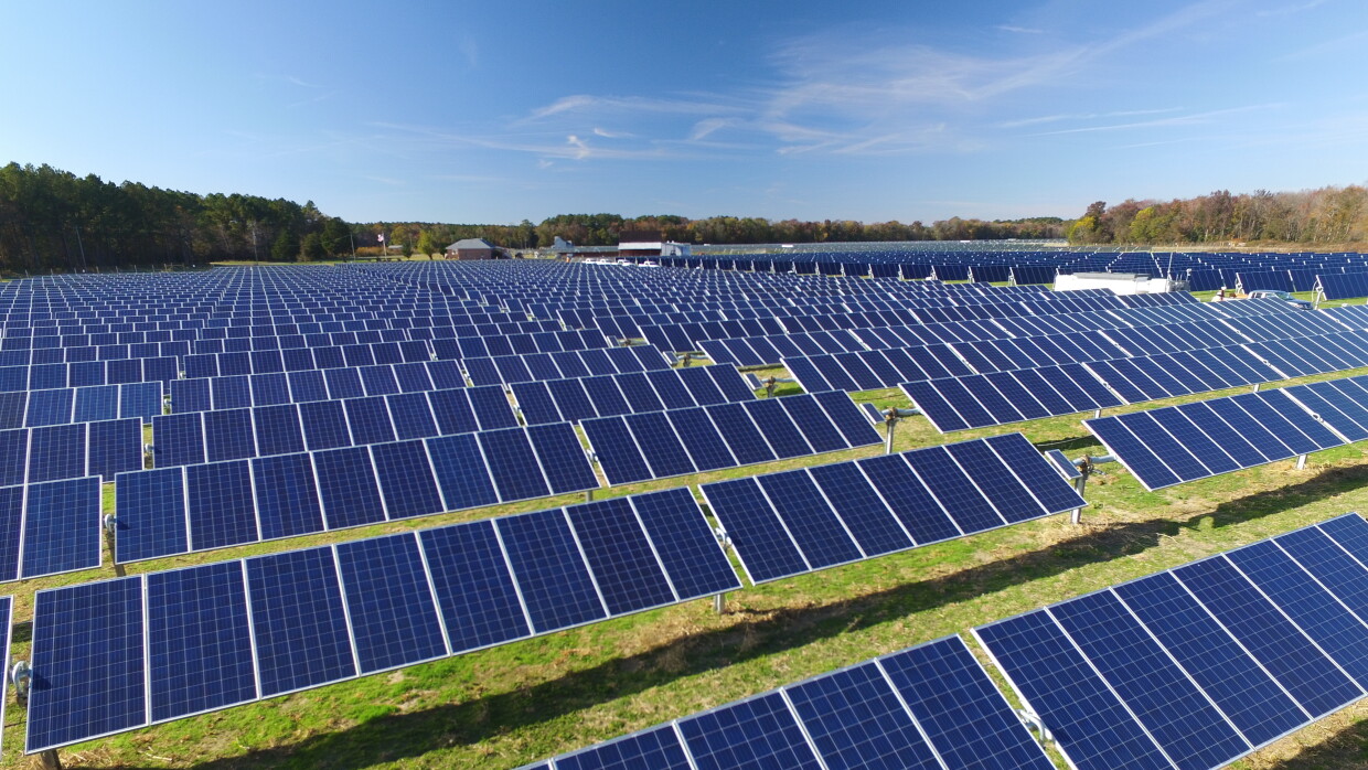PLanta solar. Un cielo azul, las placas solares sobre un terreno con hierba verdad y de fondo árboles. 