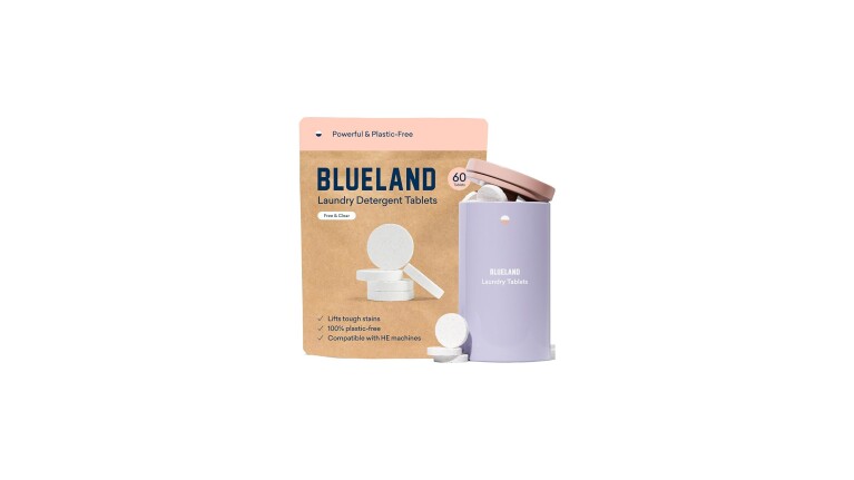 Blueland laundry detergent tablets packaging with eco-friendly claims