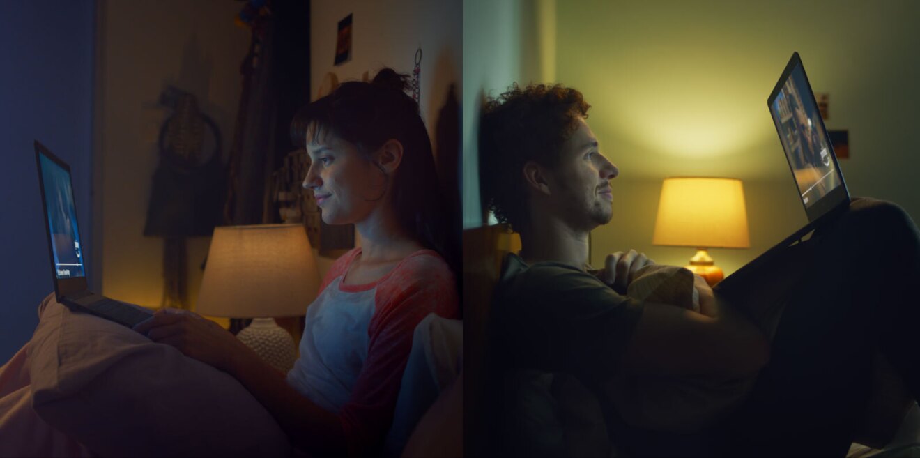 A screenshot from Amazon's newest ad for Prime showing exes in their apartments on their own following a breakup.