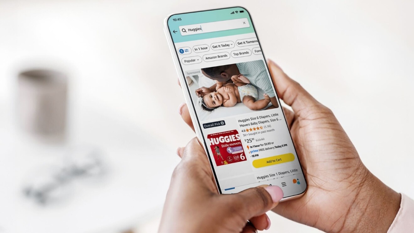 Online shopping for Huggies diapers on Amazon app on mobile device