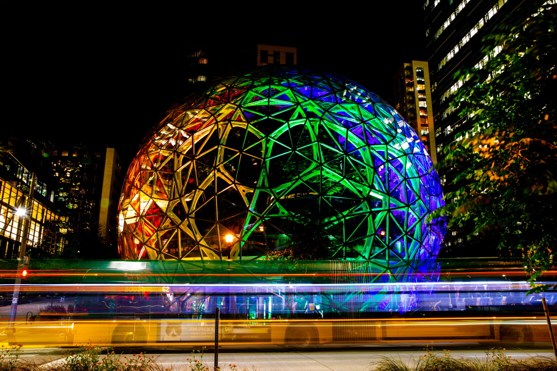 Amazon Spheres with rainbow colors to celebrate Pride