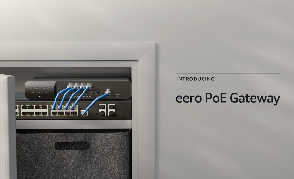 An image of an eero PoE Gateway on the left side and text on the right side that reads "Introducing eero PoE Gateway" on a grey background.