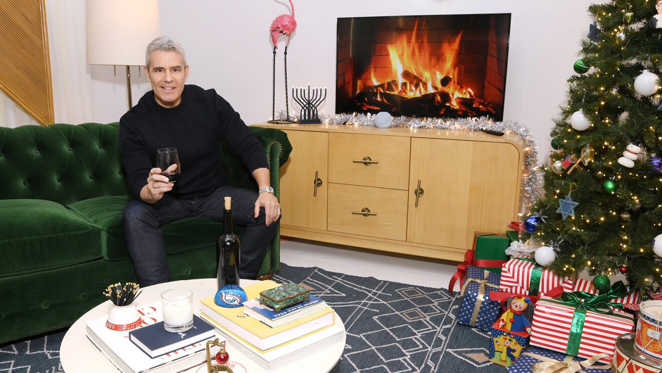 安迪·科恩坐落在一个绿色的沙发在客厅拿着一杯红酒。电视木材燃烧的壁炉在屏幕上玩。