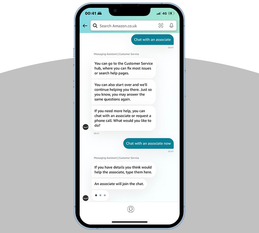 A mobile phone showing how to contact Amazon Customer Service