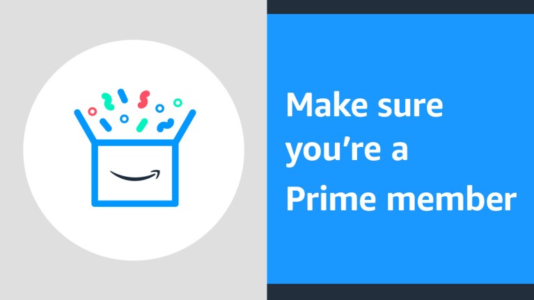 An illustrated image of an Amazon box with confetti popping out of it. Text on the side reads "Make sure you're a Prime member."