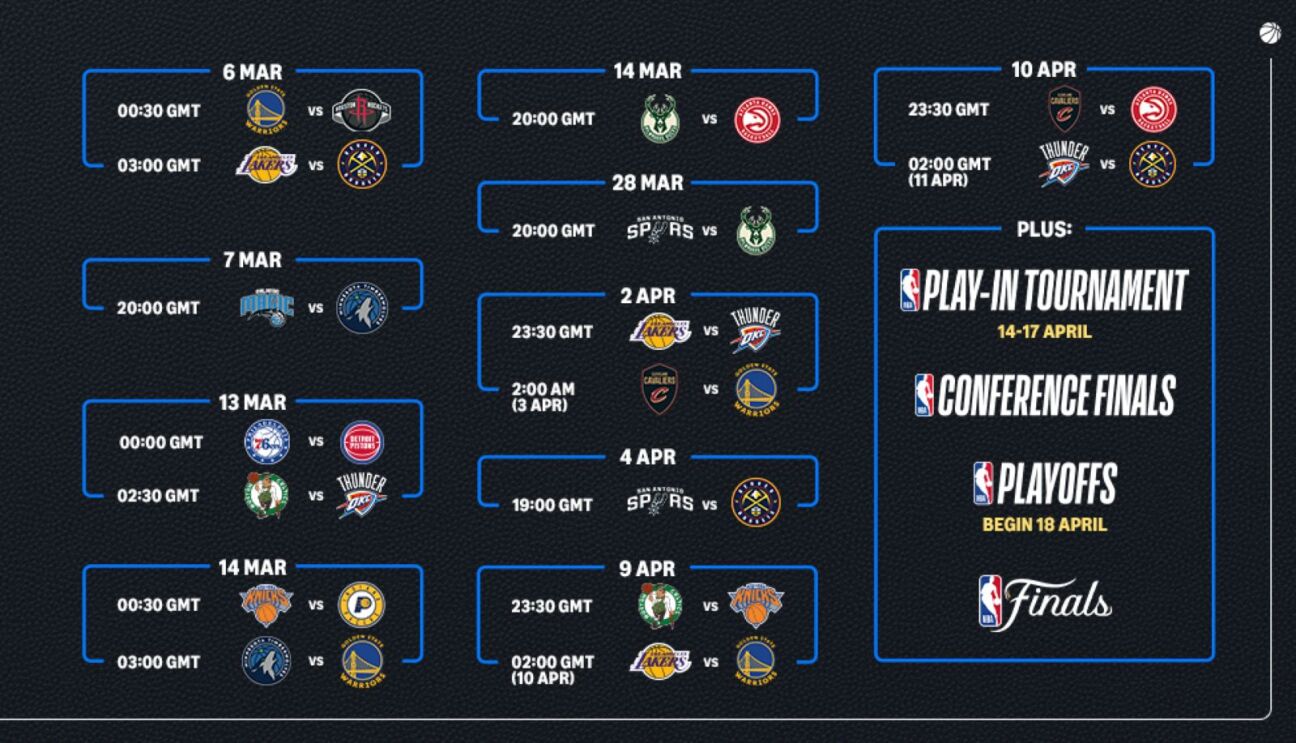 NBA game schedule featuring various team matchups from March to April