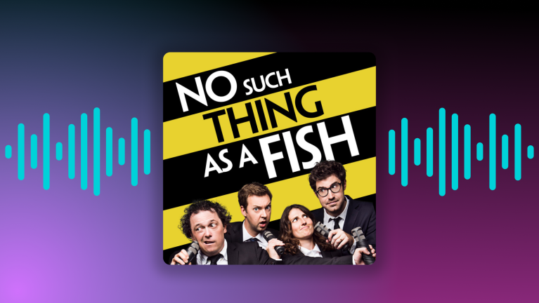 Podcast cover art for 'No Such Thing as a Fish' with four hosts holding microphones