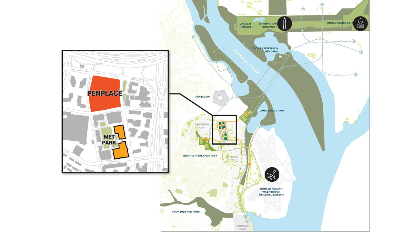 An image of a map showing where Amazon's second headquarters will be in Arlington, Virginia. There is a zoomed-in portion showing where Pen Place and Met Park will be. They are right next to each other on the map.