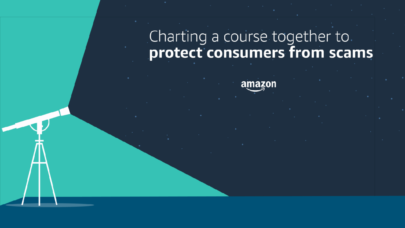 A graphic of a telescope with text in the stars that reads, "Charting a course together to protect consumers from scams."