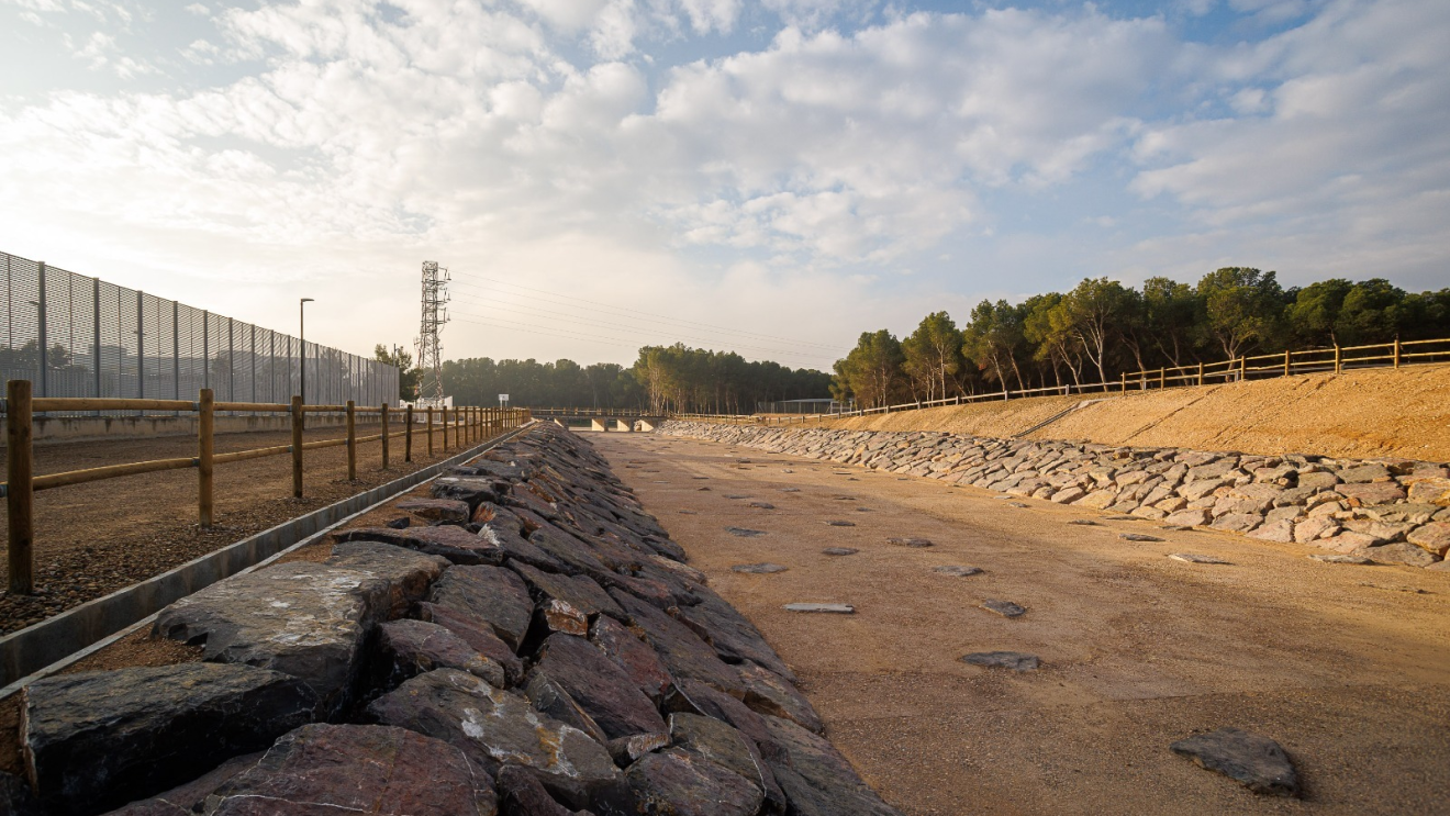 A river bed in a rural setting, surrounded by greenery
