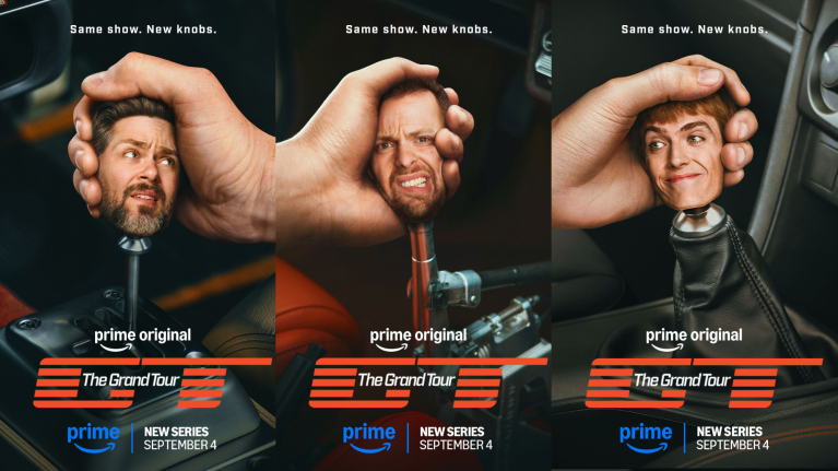 The Grand Tour key art collage featuring each hosts face on a gearstick