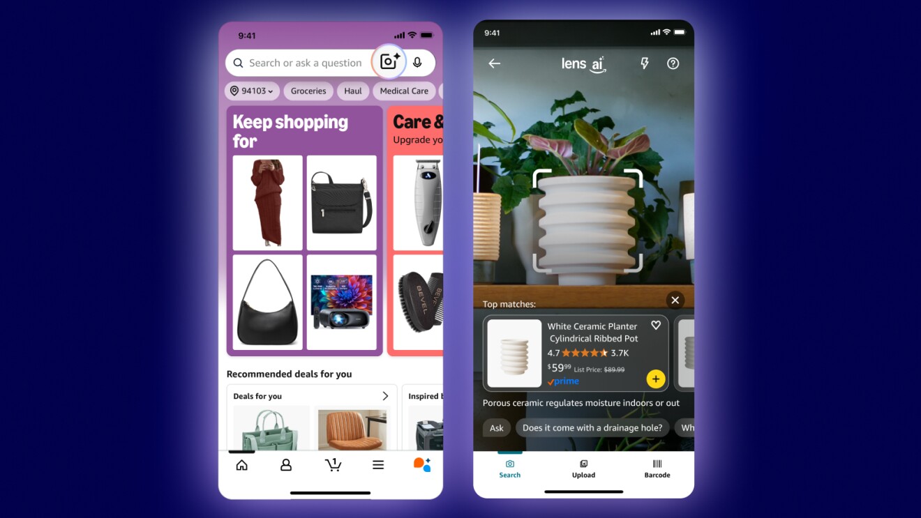Amazon Lens Live AI app screen showing white ribbed planter product details