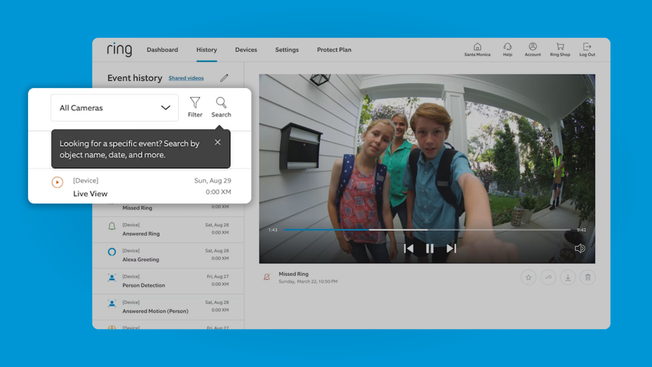 Ring doorbell app interface showing event history and video feed