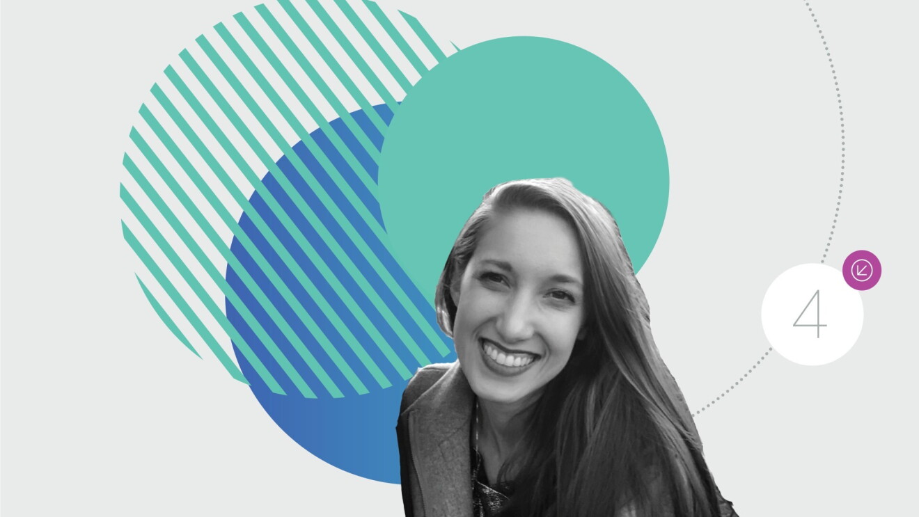 A headshot of Caitlin with blue and green graphics and the number 4 behind her.