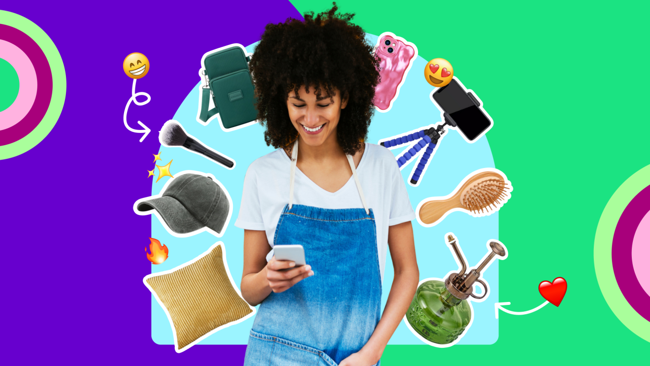 Smiling woman using smartphone, surrounded by lifestyle accessories and emoji icons
