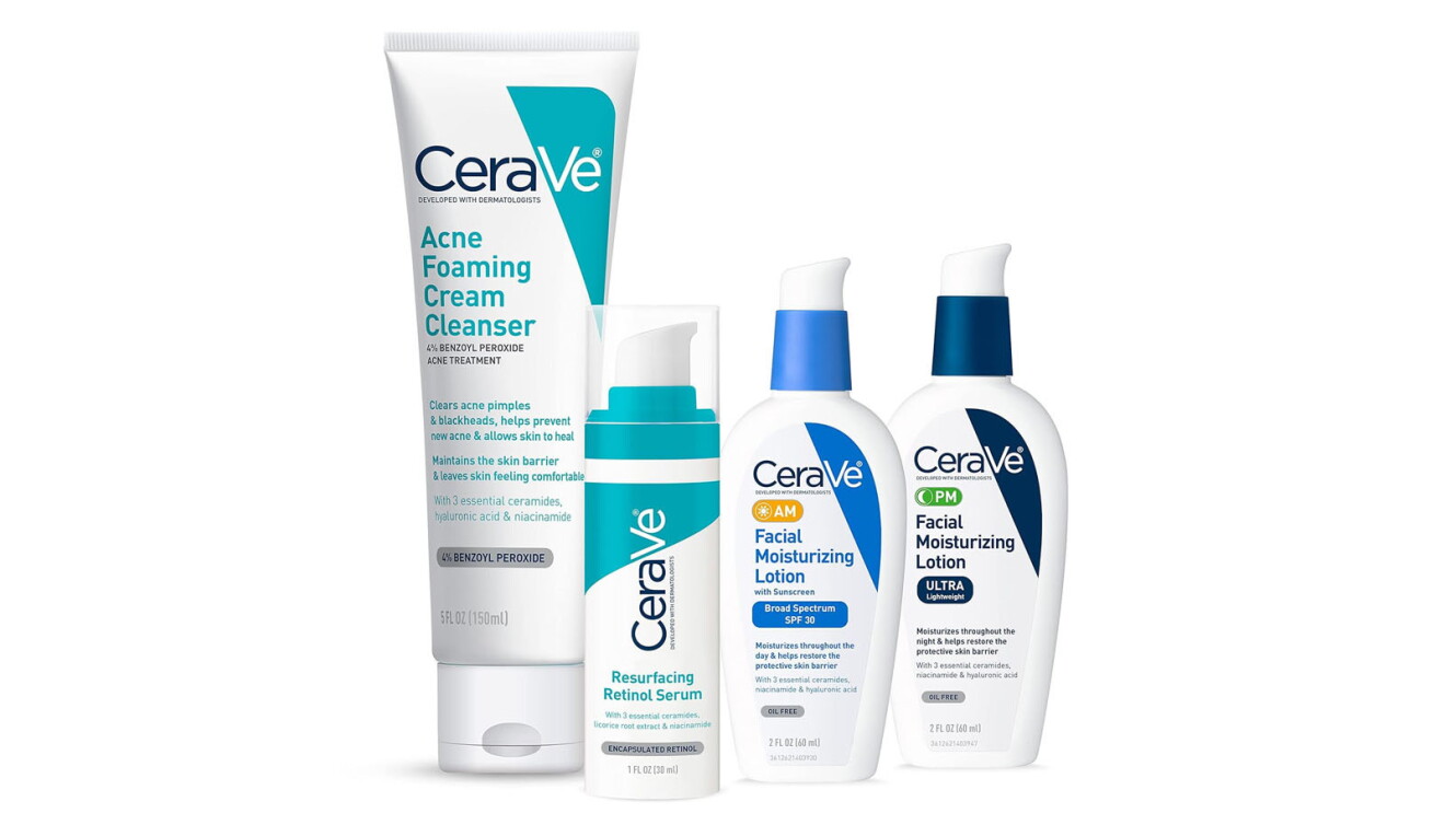 An image of four products from CeraVe, including a foaming acne wash, a retinol serum, and two facial moisturizers.